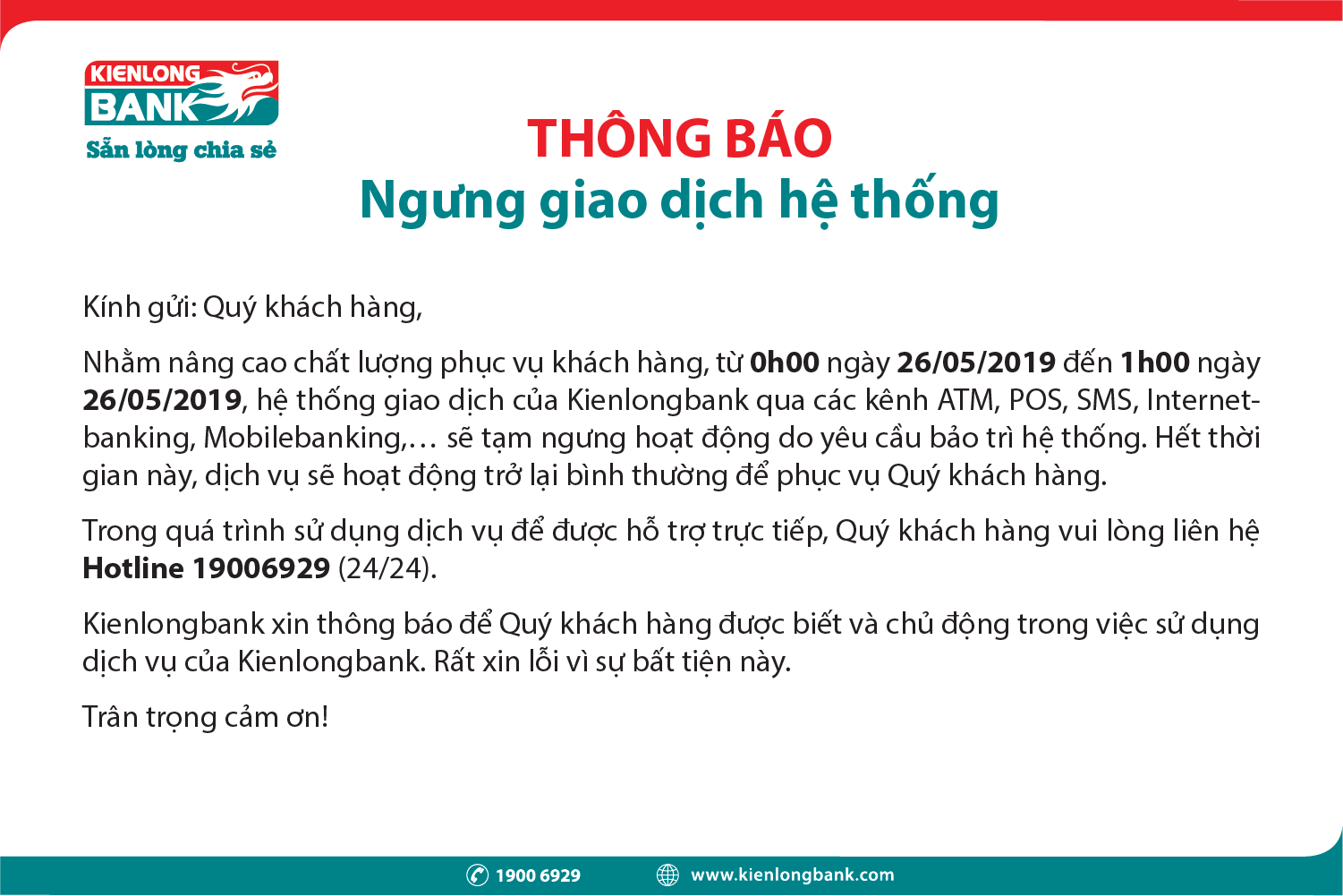 Thông báo tạm ngưng giao dịch hệ thống Kienlongbank