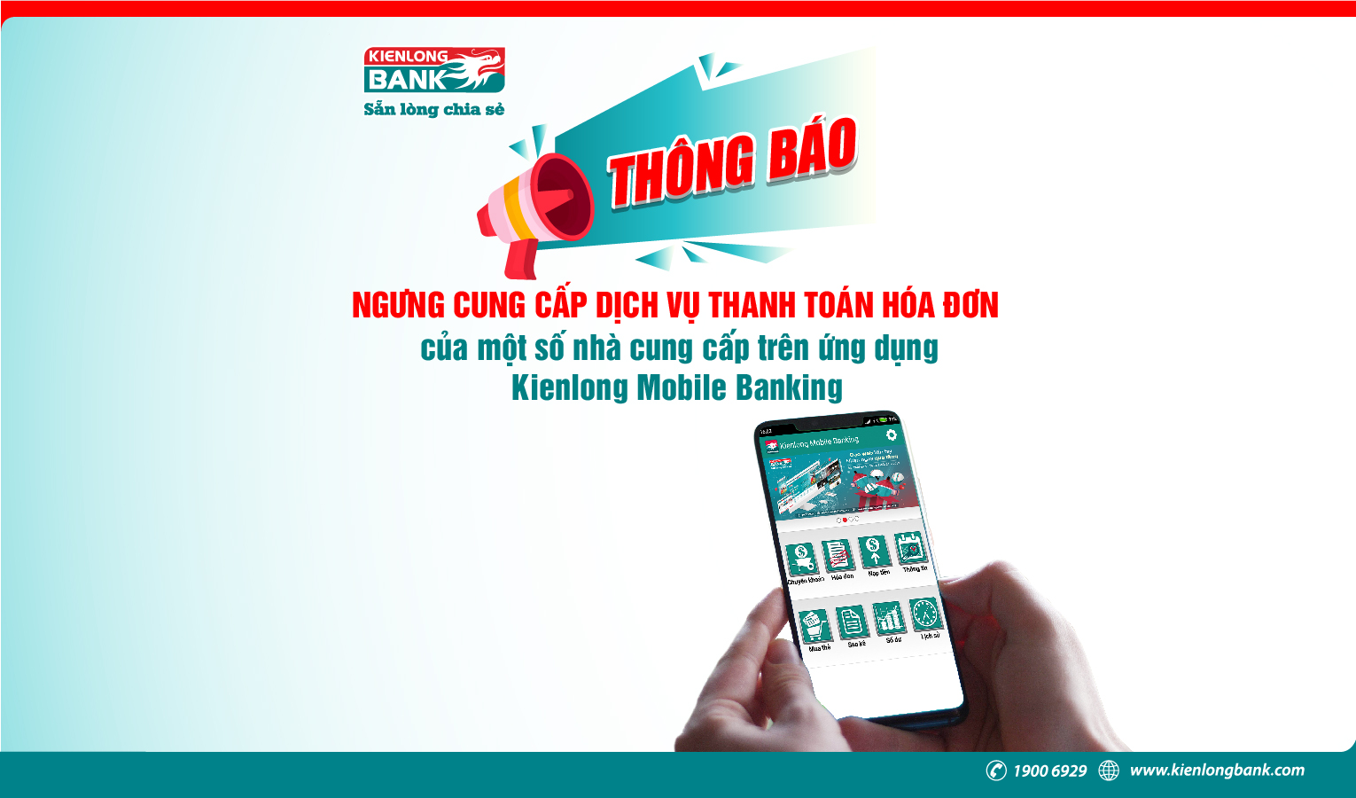 Thông báo: Ngưng cung cấp dịch vụ thanh toán hóa đơn của một số nhà cung cấp trên ứng dụng Kienlong Mobile Banking