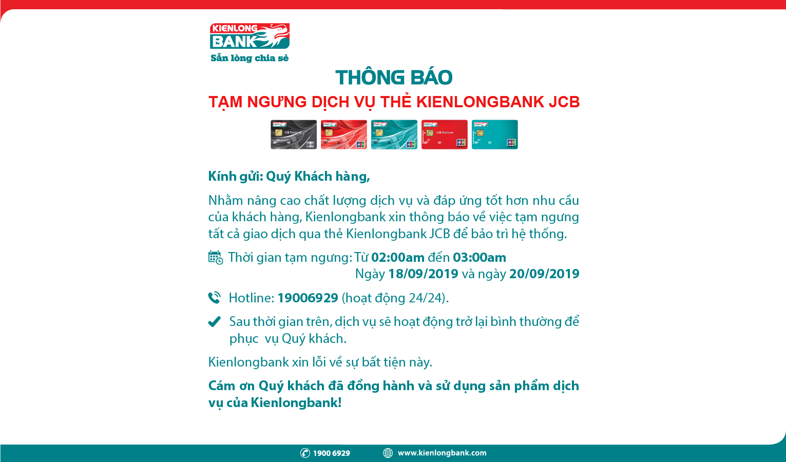 Thông báo tạm ngưng dịch vụ thẻ Kienlongbank JCB