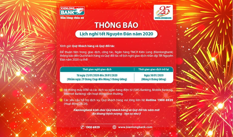Kienlongbank Thông báo lịch nghỉ Tết Nguyên Đán năm 2020