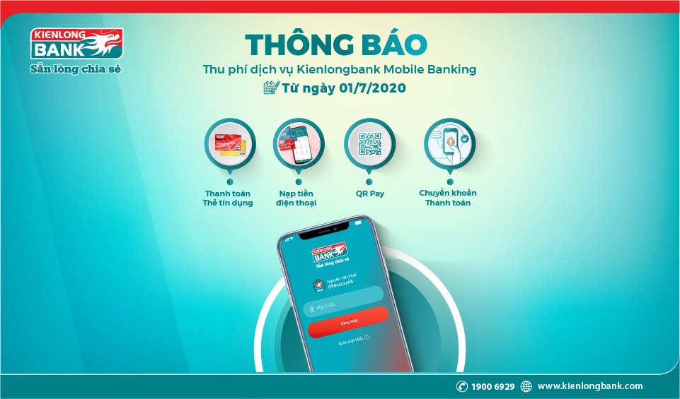 Thông báo V/v Thu phí dịch vụ Kienlongbank Mobile Banking từ tháng 7/2020