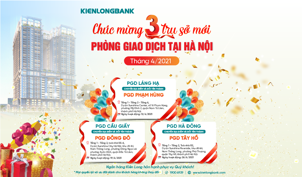 Kienlongbank chuyển địa điểm hoạt động và đổi tên 03 Phòng giao dịch tại Hà Nội