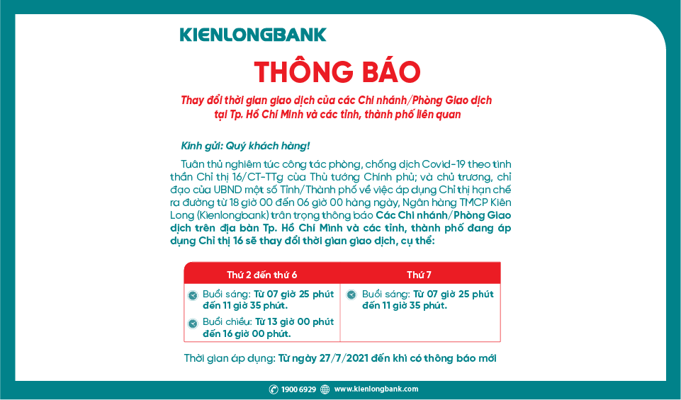 THÔNG BÁO: Thay đổi thời gian giao dịch của các Chi nhánh/Phòng Giao dịch tại Tp.Hồ Chí Minh và các tỉnh, thành phố liên quan