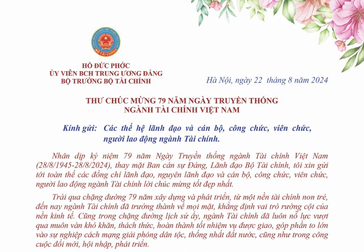 Bộ trưởng Hồ Đức Phớc gửi Thư chúc mừng 79 năm Ngày Truyền thống ngành Tài chính