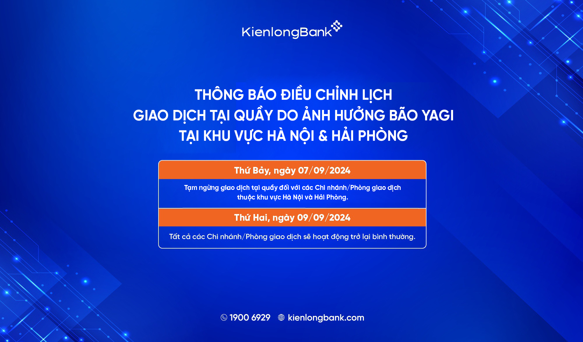 THÔNG BÁO ĐIỀU CHỈNH LỊCH GIAO DỊCH TẠI QUẦY DO ẢNH HƯỞNG BÃO YAGI TẠI HÀ NỘI, HẢI PHÒNG