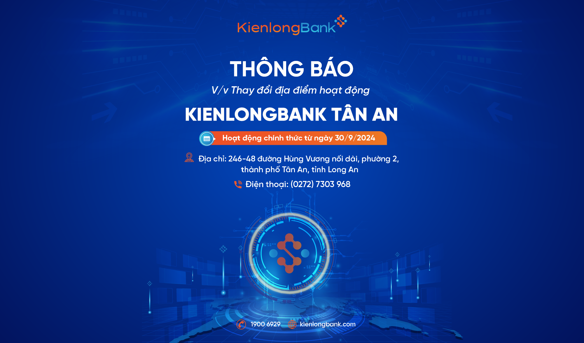 Thông báo thay đổi địa điểm hoạt động KienlongBank Tân An