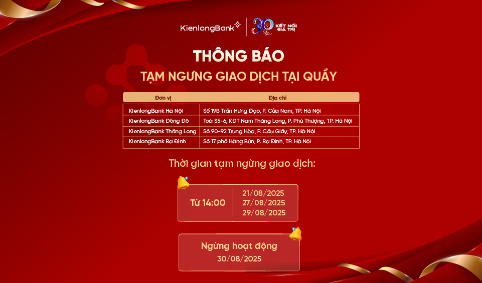 Thông báo tạm ngừng giao dịch tại quầy nhân Lễ kỷ niệm 80 năm Cách mạng Tháng tám và Quốc khánh 2/9