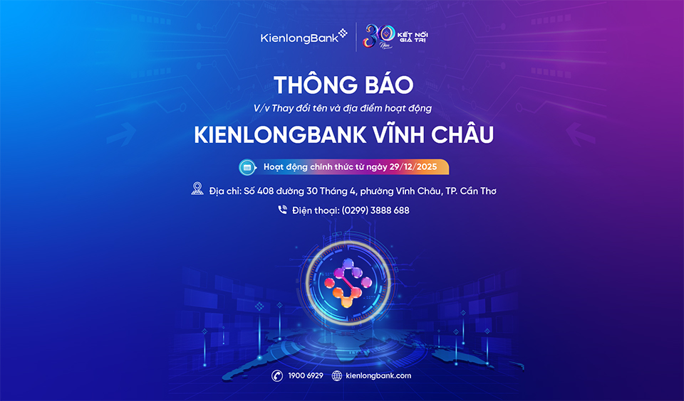 THÔNG BÁO THAY ĐỔI ĐỊA ĐIỂM HOẠT ĐỘNG KIENLONGBANK VĨNH CHÂU