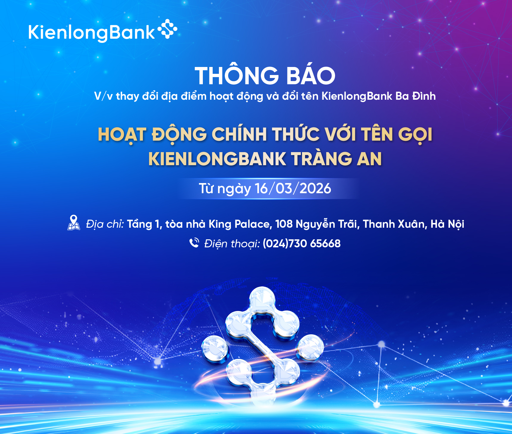 THÔNG BÁO V/V THAY ĐỔI TÊN VÀ ĐỊA ĐIỂM HOẠT ĐỘNG KIENLONGBANK BA ĐÌNH
