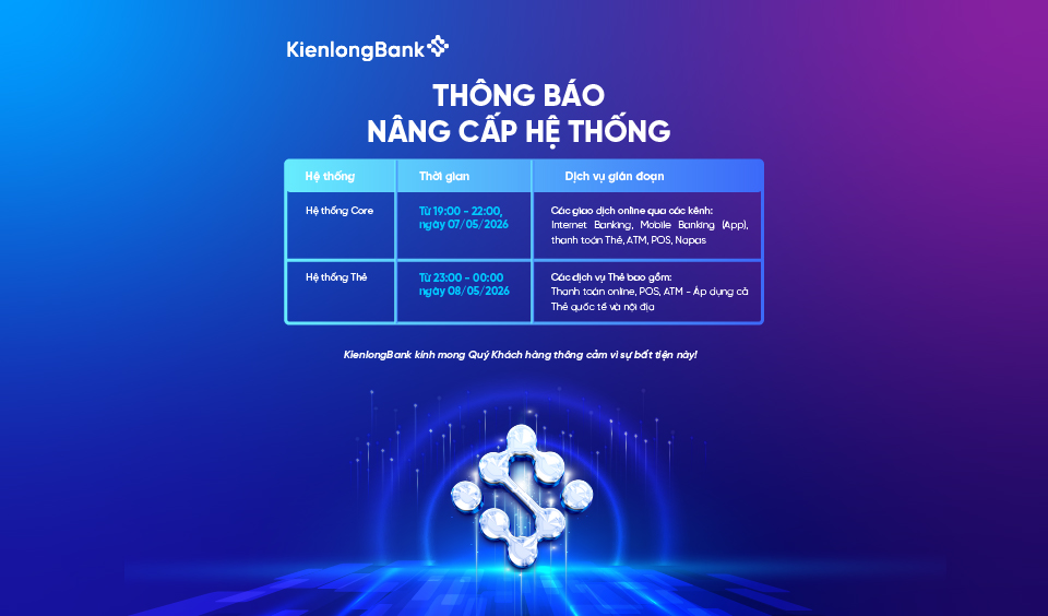 KIENLONGBANK THÔNG BÁO VỀ VIỆC TẠM GIÁN ĐOẠN DỊCH VỤ ĐỂ NÂNG CẤP HỆ THỐNG