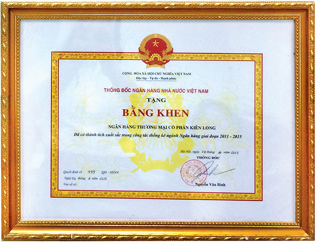 Kienlongbank nhận bằng khen của Thống đốc Ngân hàng Nhà nước Việt Nam