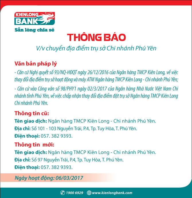 Thông báo chuyển địa điểm trụ sở Chi nhánh Phú Yên