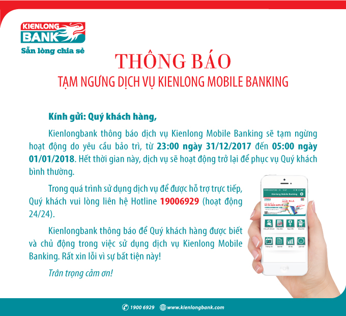 Thông báo tạm ngưng dịch vụ Kienlong Mobile Banking