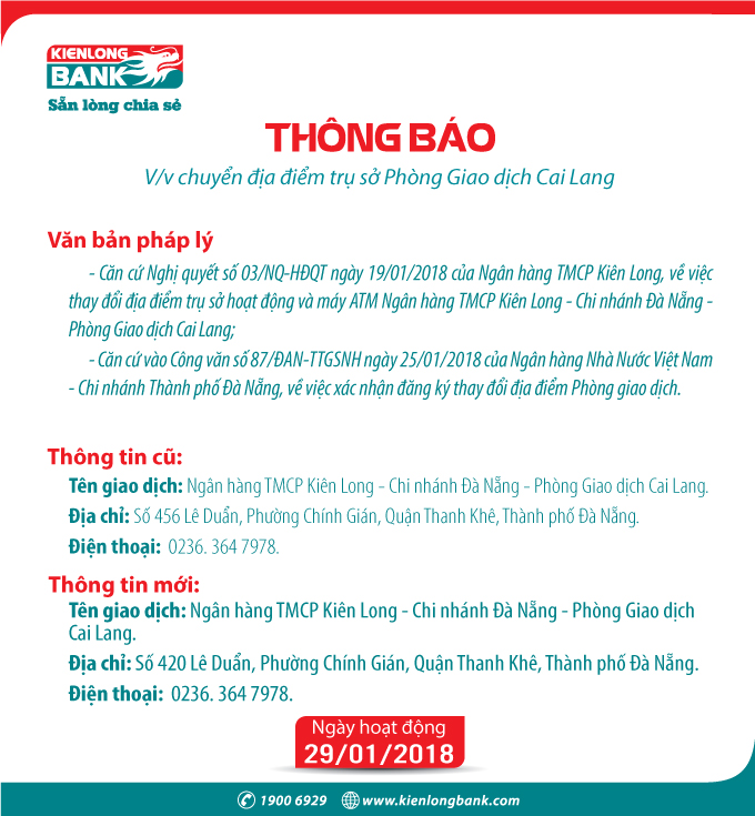 Thông báo chuyển địa điểm trụ sở Phòng Giao dịch Cai Lang