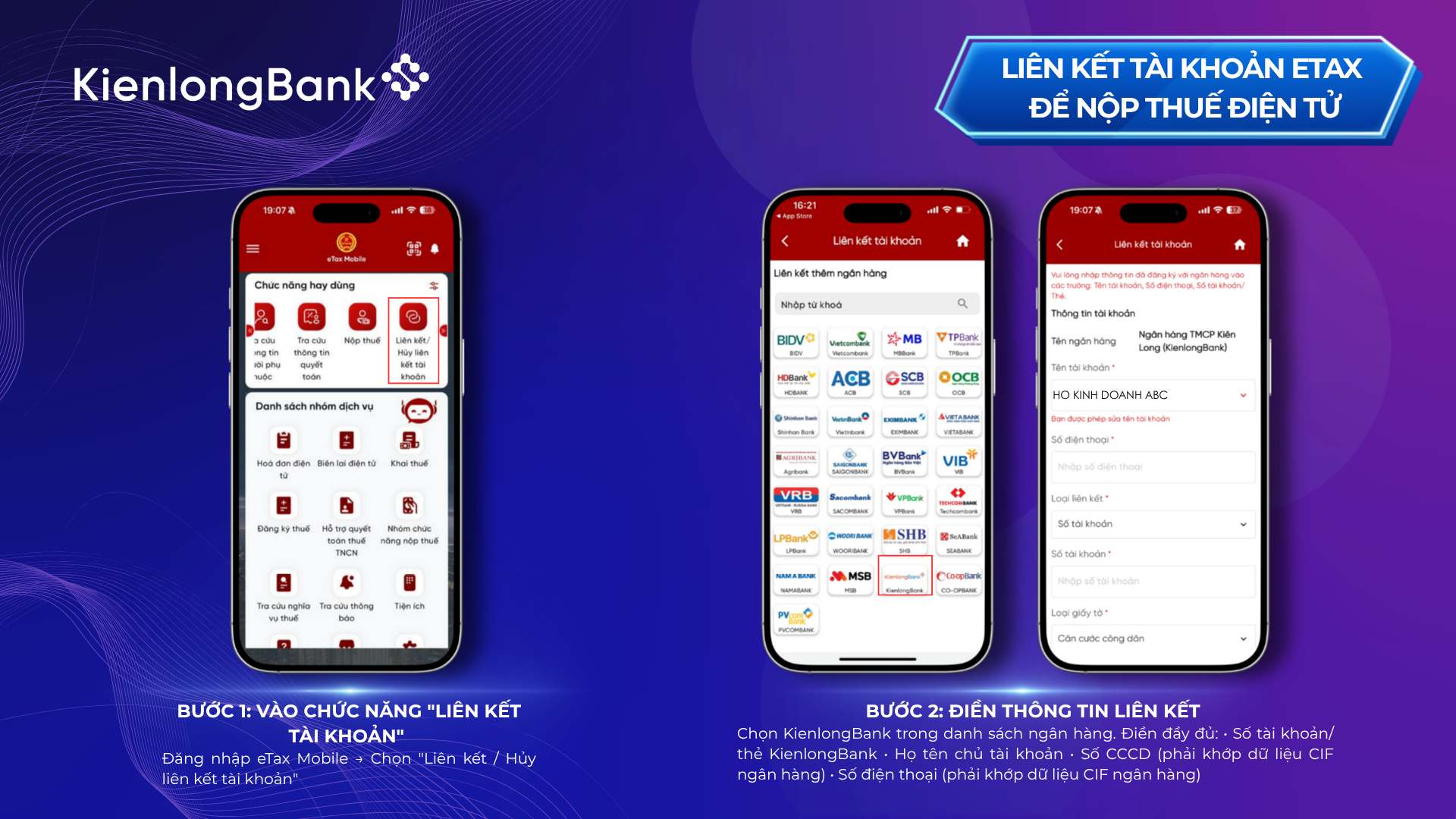 Liên kết tài khoản Hộ kinh doanh KienlongBank với eTax Mobile: Nhanh gọn, đúng hạn, an tâm kinh doanh
