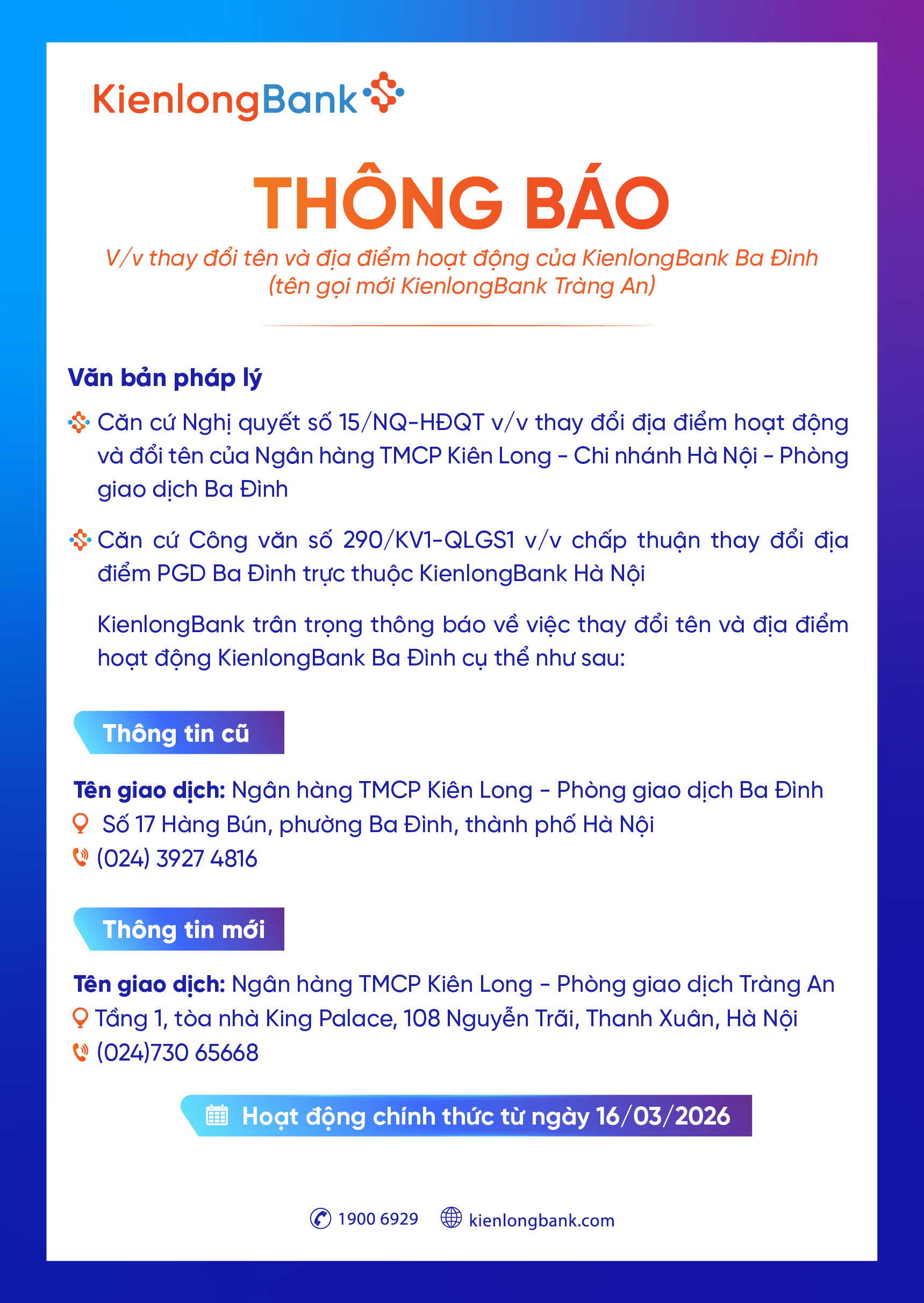 THÔNG BÁO V/V THAY ĐỔI TÊN VÀ ĐỊA ĐIỂM HOẠT ĐỘNG KIENLONGBANK BA ĐÌNH  