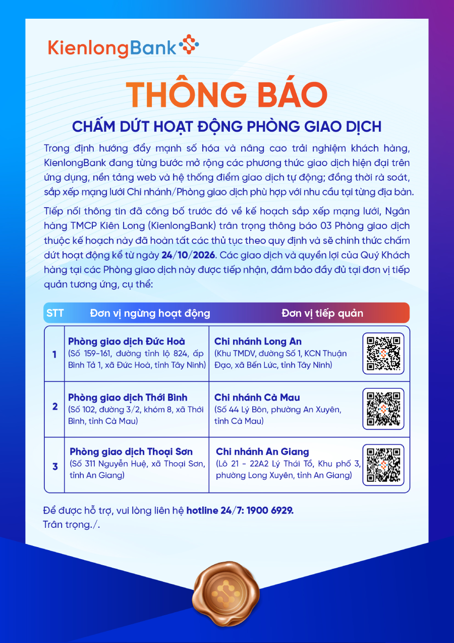 KienlongBank đóng cửa 3 Phòng giao dịch KienlongBank đóng cửa 3 Phòng giao dịch